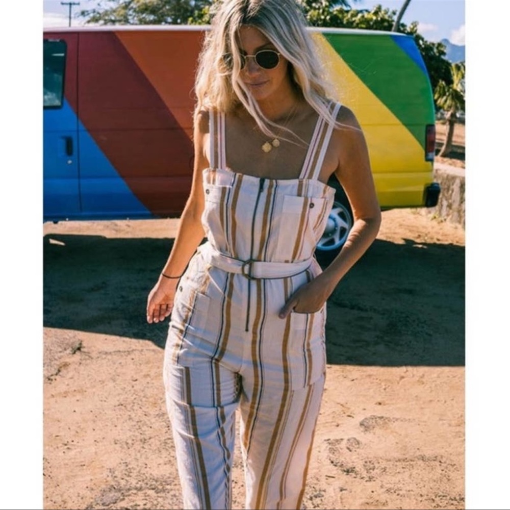 Billabong Striped Linen Jumpsuit in White and Tan